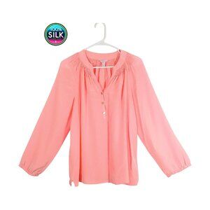 Lilly Pulitzer 100% Silk Blouse Pink M Long Sleeve Smocked Boho Split Neck Top